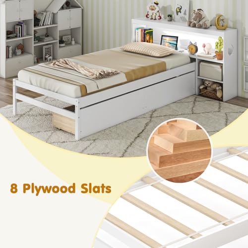 Giantex Wood Twin Bed Frame with Storage Drawer & Headboard, Modern Platform Bed with Charging Station & LED Light, Built-in Nightstand, Single Bed with Slats Support, Twin Bed Frames for Kids (White) Giantex