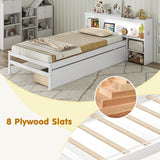 Giantex Wood Twin Bed Frame with Storage Drawer & Headboard, Modern Platform Bed with Charging Station & LED Light, Built-in Nightstand, Single Bed with Slats Support, Twin Bed Frames for Kids (White) Giantex