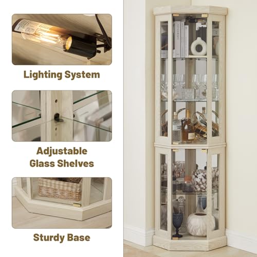 Tall Corner Cabinet with Glass Doors, Lighted Glass Display Curio Cabinet with Adjustable Shelves, Home Office Floor Standing Display Cabinets for Bar, Liquor Storage and Medal, Antique White BAOMKONG