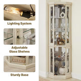 Tall Corner Cabinet with Glass Doors, Lighted Glass Display Curio Cabinet with Adjustable Shelves, Home Office Floor Standing Display Cabinets for Bar, Liquor Storage and Medal, Antique White BAOMKONG