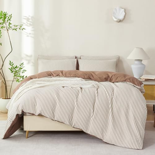 TISPLR Comforter Set Queen Size Striped Soft Luxury Washed Microfiber Jacquard 3 Pieces Bedding, White Dark Brown Vertical Ticking Stripes Comforter with 2 Pillowcases Breathable Durable Comfy TISPLR