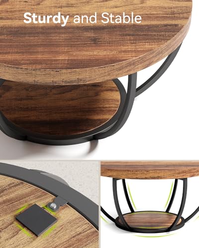 LITTLE TREE Round Coffee Table, 32" Circle Coffee Table for Living Room, 2-Tier Wood Accent Center Table with Open Storage Industrial Design Home Furniture (Brown and Black) LITTLE TREE