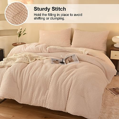 LLanCL 3D Jacquard Design Comforter Set, Ultra-Soft Warm Queen Size Sherpa Fur Plush 3-Pieces Sets Luxury Cozy Bedding with 2 Pillowcases (90"x90", Cream White) LLanCL