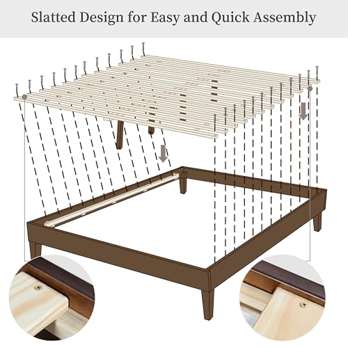 Yaheetech Queen Bed Frame Natural Solid Wood Platform Bed with Wooden Slats Support, 7.3-inch Underbed Space for Storage, Noise-Free Design, Easy Assembly, Dark Walnut Finish Yaheetech