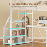 Itaar Stairway Twin Size Loft Bed with L Shaped Desk and Wardrobe, Metal Loft Bed Frame with Stairs, 3 Fabric Drawers, LED Lights & Charging Sation, No Noise & No Box Spring Needed, White Itaar