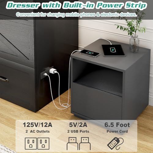 Hlivelood Queen Size Murphy Chest Bed with Drawer and Charging Station, Farmhouse Wood Space-Saving Hidden Folding Bed Chest, Multifunctional Storage Cabinet Beds for Bedroom, Office, Black Hlivelood