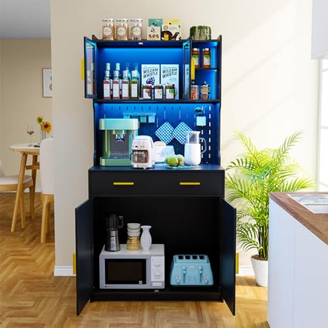 Gurexl 64" Farmhouse Kitchen Pantry with Auto Sensor LED,Storage Cabinets with 2 Outlets for Microwave & USB-C Ports,Hutch Cabinet with Pegboard,2 Cabinet,2 Drawers,1 Large Countertop Gurexl