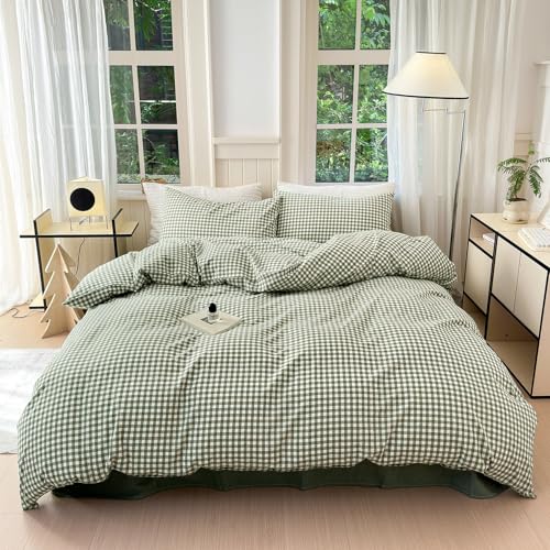 LifeTB Green Gingham Comforter Set Full Size Boho Plaid Checkered Pattern Comforter Geometric Grid Plaid Printed Bedding Comforter Set with 2 Pillowcases Fluffy Soft Gingham Bedding Set Full Size LifeTB