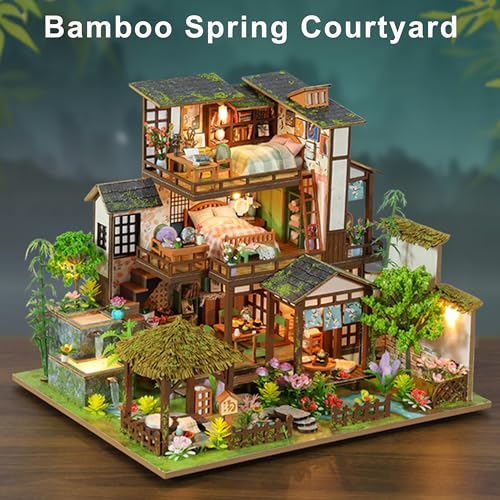 ISSEVE DIY Miniature House Kit, Tiny House Dollhouse Kit for Adults, Mini House Building Kits, Miniature Kit Adult Craft Diorama Kit Home Bookshelf Decoration, Birthday Gifts (Bamboo Spring Courtyard)