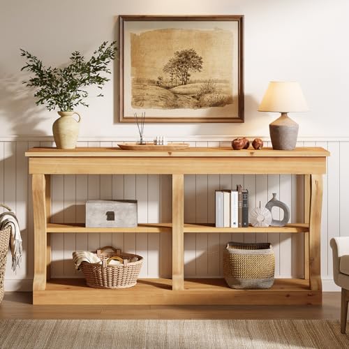 TRIBEWOOD Solid Wood Console Table for Entryway, 63-Inch 3-Tier Sofa Table Behind The Couch with Storage, Farmhouse Entryway Furniture for Living Room, Foyer, Hallway, Natural Wood TRIBEWOOD