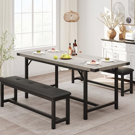 SLEKVERSA 3-Piece Dining Table Set for 4-6 People, Extendable Kitchen Table Set with 2 Upholstered Benches, Dining Room Table Set for Apartment, Kitchen, Living Room, Gray SLEKVERSA
