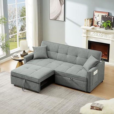 HKYYUANQI 3 in 1 Convertible Sleeper Sofa Bed, Modern Fabric Loveseat Futon with Reclining Backrest, Pillows, and Storage Pockets for Small Spaces, Living Room Furniture in Grey HKYYUANQI