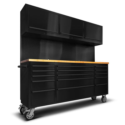 UYRIE 72-Inch Stainless Steel Rolling Tool Chest with 15 Drawers + 3 Upper Cabinets, Mobile Workbench, Assembled Large Tool Box Lockable Storage Cabinet with Wheels for Garage Workshop, Matte Black
