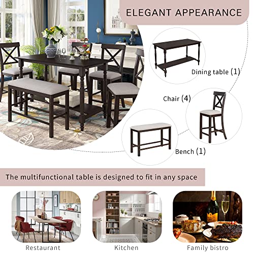 Merax 6 Pieces Counter Height Dining Table Set, Wood Rectangular Table and 4 Chairs and Bench, Kitchen Dining Table Chairs Set for 6 Persons (Espresso) Merax