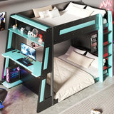 Merax Full Over Full Wooden Gaming Bunk Bed with Built-in Desk, LED Lights, USB Port, and 2 Storage Shelves, Solid Wood Gaming Loft Bed for Bedroom, Black+Blue Merax