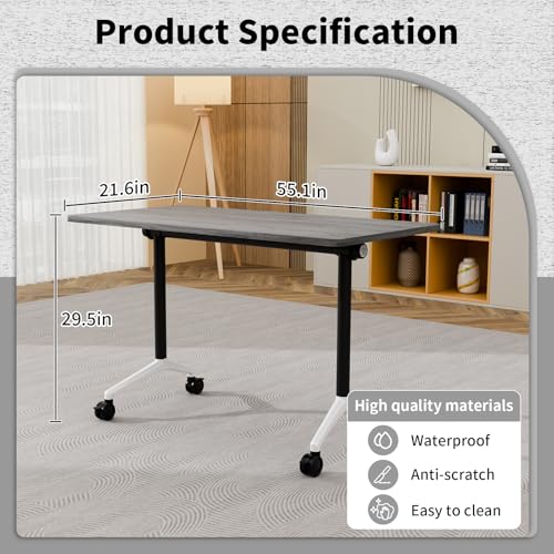 Folding Conference Table, Conference Room Tables for 6-12 Person, Modern Modular Training Table with 360° Silent Wheels, Large Mobile Foldable Seminar Meeting Tables for Office (2, Grey2, 55.1in) Jklmzpf