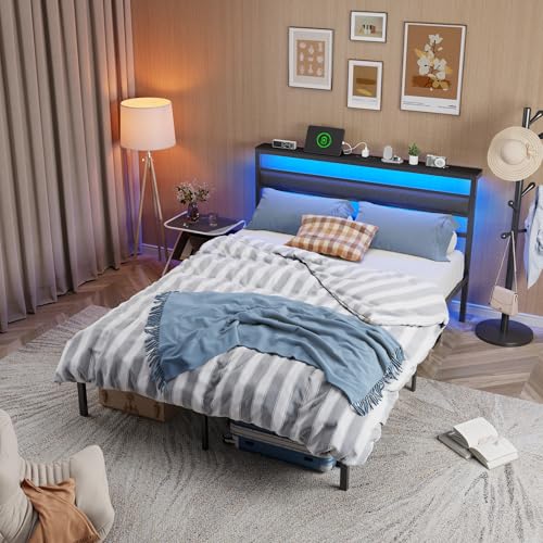 Ourpic Queen Bed Frame with Led Lights and Charging Station, Bed Queen Size Frame with Headboard and Under Bed Storage, Black Metal Platform Bedframe and Storage Shelf, Easy Install OURPIC
