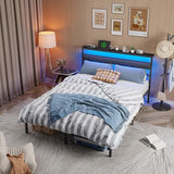 Ourpic Queen Bed Frame with Led Lights and Charging Station, Bed Queen Size Frame with Headboard and Under Bed Storage, Black Metal Platform Bedframe and Storage Shelf, Easy Install OURPIC