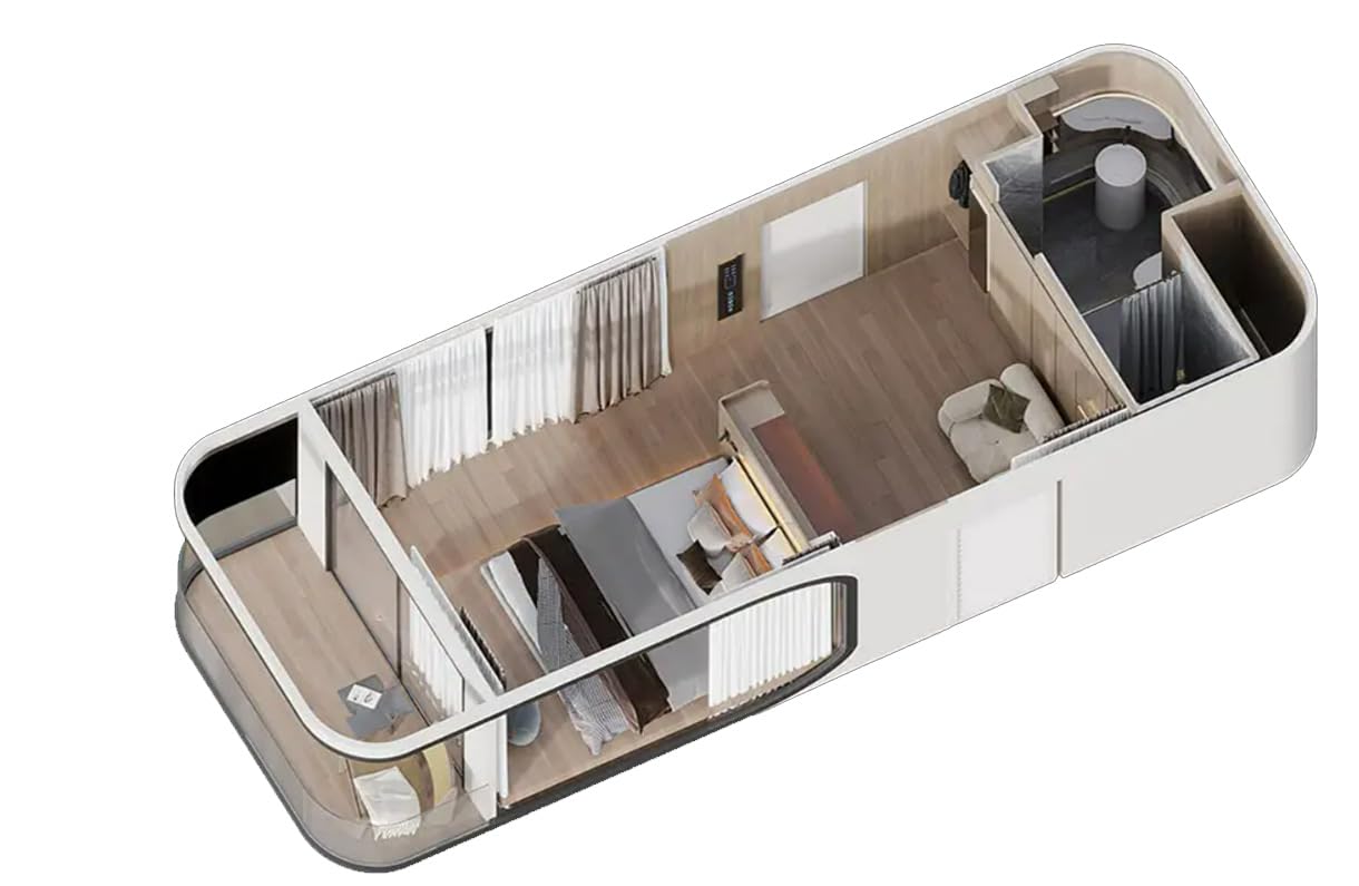 Ultimate Solution for Modern, Portable Living: Prefabricated Mobile Capsule House/Hotel, 30x10.5x10Ft, 315 Sqft. Withstands high Winds, Offers on-The-go Convenience, Full Bathroom Included.