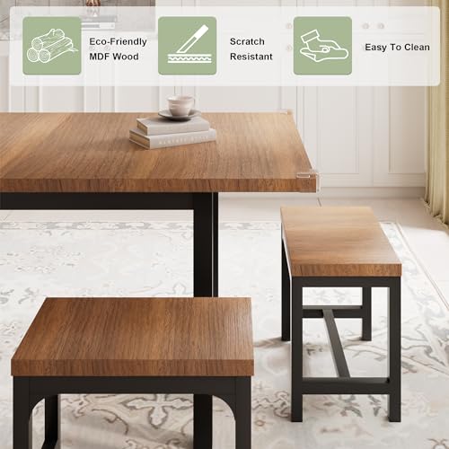 Feonase 7-Piece Dining Table Set with 6 Stools, 63" Large Extendable Kitchen Table Set for 4-8, Mid-Century Dining Room Table with Heavy-Duty Frame, Easy Assembly, Walnut - WoodArtSupply