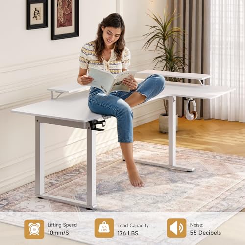 L Shaped Electric Standing Desk, 63x43'' Computer Desks with 2 Monitor Shelves, Dual Motor and Memory Controller, Gaming Corner Desk Adjustable Height from 28-46'' for Home Office Workstation, White ONBRILL