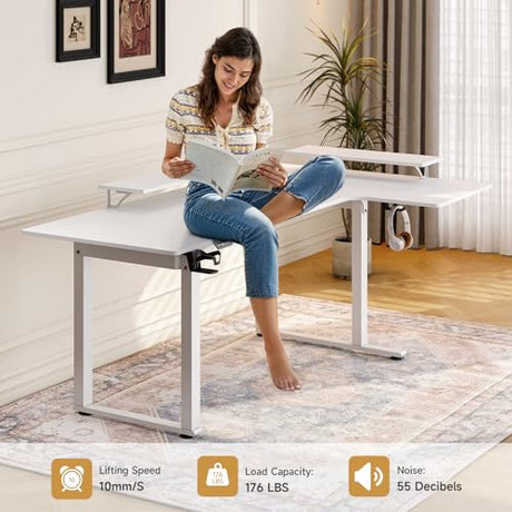 L Shaped Electric Standing Desk, 63x43'' Computer Desks with 2 Monitor Shelves, Dual Motor and Memory Controller, Gaming Corner Desk Adjustable Height from 28-46'' for Home Office Workstation, White ONBRILL