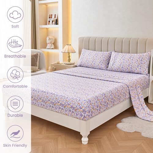 Mooreeke Floral Twin 3 Pieces Bed Sheets, Soft Microfiber Bedding Sheets & Pillowcases, Deep Pocket Non-Slip Vintage Twin Sheet, Purple Yellow Flower Pattern Bedsheets Mooreeke