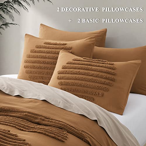 BEDAZZLED King Size Duvet Cover, 5 Pieces Pumpkin Brown Textured Duvet Cover Sets, Soft and Breathable Boho Tufted Bedding Comforter Cover Set for Gifts, Comforter Not Included (Pumpkin Brown, King) BEDAZZLED