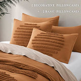 BEDAZZLED Queen Size Duvet Cover, 5 Pieces Pumpkin Brown Textured Duvet Cover Sets, Soft and Breathable Boho Tufted Bedding Comforter Cover Set for Gifts, Comforter Not Included (Pumpkin Brown, Queen) BEDAZZLED