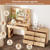 Ieejdn Large Makeup Vanity Desk with Mirror and Lights, Vanity Desk with 8 Drawers & Storage Shelves, Vanity Table with Power Outlet, 3 Color Modes & Adjustable Brightness Dressing Table, Bedroom,Oak Ieejdn