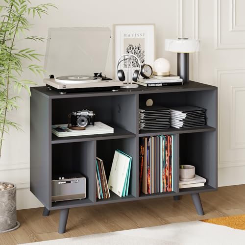 IDEALHOUSE Record Player Stand with Vinyl Storage, 39.5in Large Vinyl Record Holder Player Cabinet Wood Turntable Stand Up to 350 Albums with Charging Station for Living Room, Black IDEALHOUSE