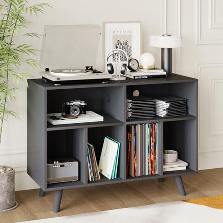 IDEALHOUSE Record Player Stand with Vinyl Storage, 39.5in Large Vinyl Record Holder Player Cabinet Wood Turntable Stand Up to 350 Albums with Charging Station for Living Room, Black IDEALHOUSE