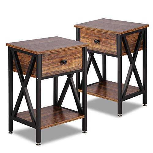 VECELO Modern Versatile Nightstands X-Design Side End Table Night Stand Storage Shelf with Bin Drawer for Living Room Bedroom, Set of 2 (Brown) - WoodArtSupply