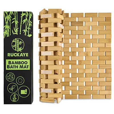 Ruckaye 24x16 Bamboo Bath Mat Premium Bamboo Shower Mat with Silicone Grip Pads Bamboo Bathroom Mat Slip Resistant Bamboo Mat Foldable Wooden Bathroom Mat Waterproof Bamboo Floor Mat Indoor & Outdoor