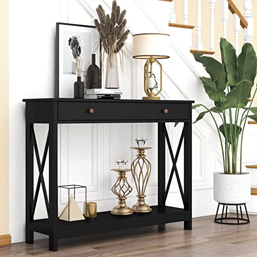 Treocho Black Console Table with Drawer and Storage Shelves, Foyer Sofa Table Narrow for Entryway, Living Room, Hallway - WoodArtSupply