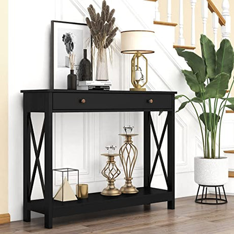 Treocho Black Console Table with Drawer and Storage Shelves, Foyer Sofa Table Narrow for Entryway, Living Room, Hallway Treocho