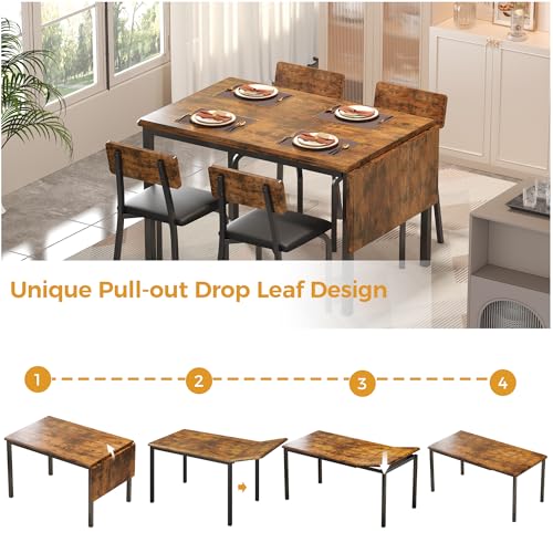 IRONCK 5-Piece 63" Extendable Dining Table with 4 Upholstered Chairs, Kitchen Table Set for 4-8 People, Dining Room Sets with MDF Wood Board, Drop Leaf Table Design for Space Saving, Rustic Brown IRONCK