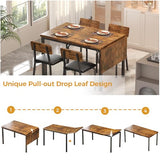 IRONCK 5-Piece 63" Extendable Dining Table with 4 Upholstered Chairs, Kitchen Table Set for 4-8 People, Dining Room Sets with MDF Wood Board, Drop Leaf Table Design for Space Saving, Rustic Brown IRONCK