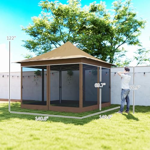 Outsunny 12 x 12 ft. Pop Up Canopy Tent with Mesh Netting, UPF50+ Instant Sun Shelter with Carry Bag, Height Adjustable Party Tent Instant Event Shelter for Garden, Patio, Beige Outsunny
