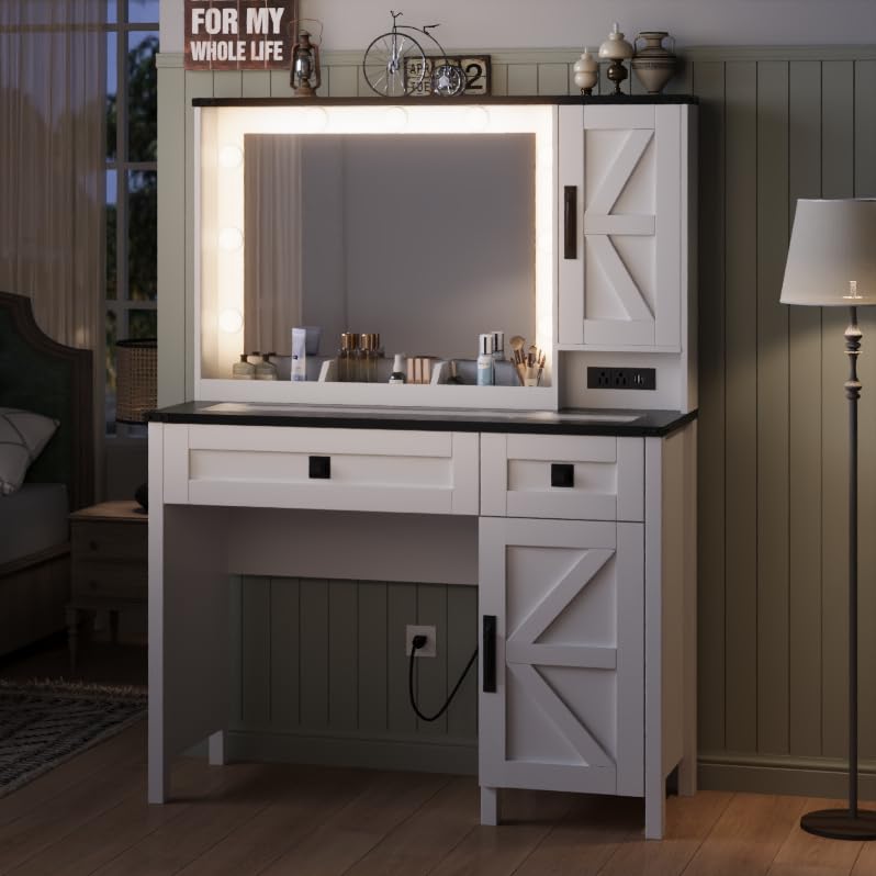ONME Farmhouse Vanity Desk with HD Mirror and Light, Makeup Vanity with Drawers & Adjustable Cabinets, Glass Top Vanity with Charging Station, Rustic Modern Vanity Table with Shelves Bedroom White ONME