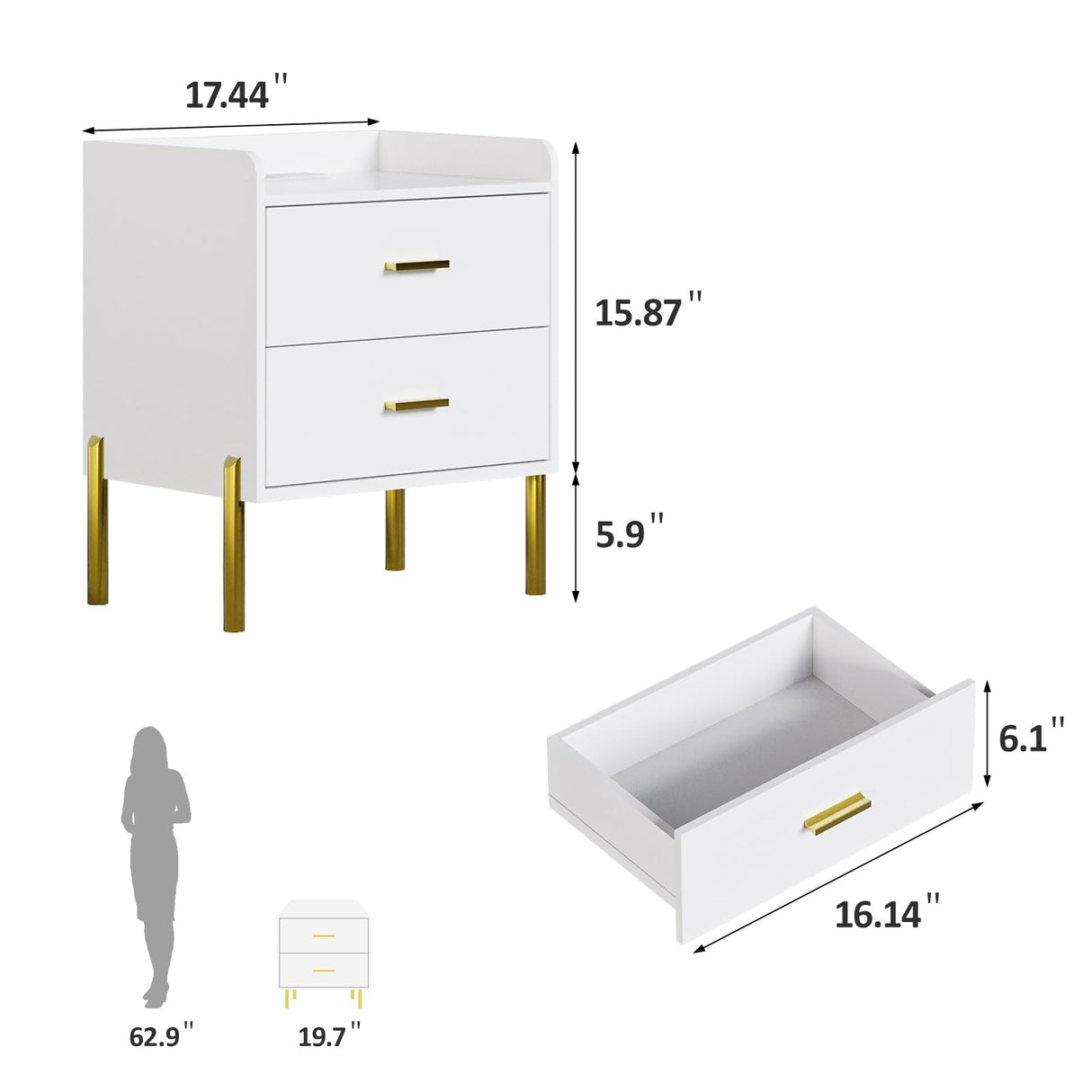 Vabches Nightstand Set of 2 with Built-in Charging Station, White Mid Century Modern Nightstand for Bedroom, Stylish End Tables for Lamps, Books Vabches