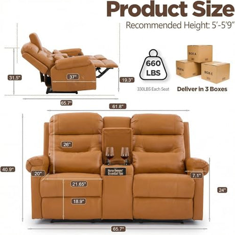 MANBUR RV Reclining Loveseat Sofa with Console, Wall Hugger Recliner Sofa, Double Recliner Home Movie Theater Seating with Cup Holders & Storage (Faux Leather Orange) MANBUR