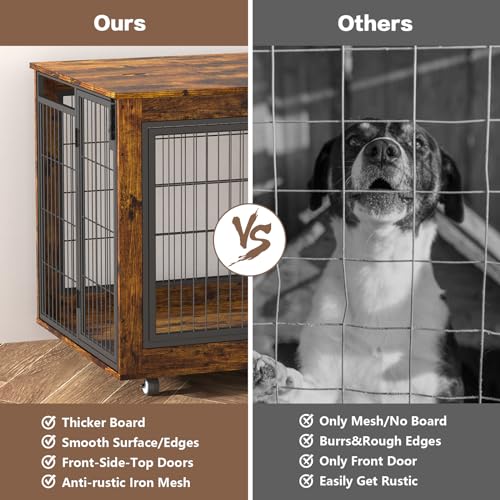 EasyCom Large Dog Crate Furniture, 41.33" Extra Large Dog Kennel Indoor with Top-Access Teasing/Feeding Door, Spacious Dog Crates for Large Dogs, Furniture-Style Dog Cage with Wheels Dog Crate Table EasyCom