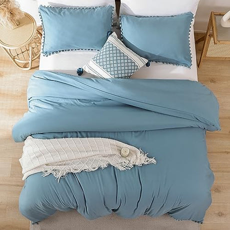 YIRDDEO Queen Comforter Set - Comforter Queen Size Sets with Ball Pom Fringe, Soft Bedding Set for All Seasons - 3 Pieces, 1 Comforter (90"x90") & 2 Pillow Shams (20"x26"), Dusty Blue YIRDDEO