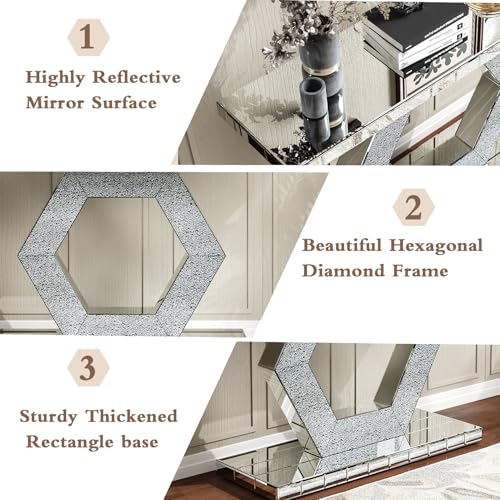 55'' Mirrored Console Table Long Mirrored Sofa Table for Living Room Office, Hexagon Design Crystal Accents, Modern Entryway Console Desk for Hallway Entrance, 55''x14.2'' Glass Top Henf