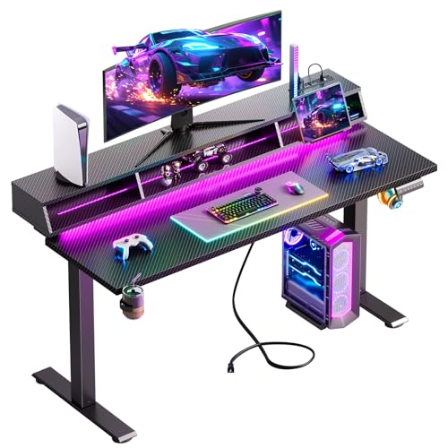OffiGo Gaming Standing Desk with LED Light, 55 Inch Electric Height Adjustable Table with Power Outlet & Monitor Stand, Sit Stand Computer Workstation for Home, Bedroom, Black OffiGo