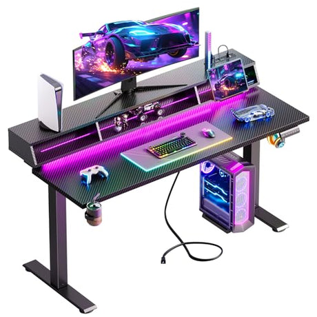 OffiGo Gaming Standing Desk with LED Light, 55 Inch Electric Height Adjustable Table with Power Outlet & Monitor Stand, Sit Stand Computer Workstation for Home, Bedroom, Black OffiGo