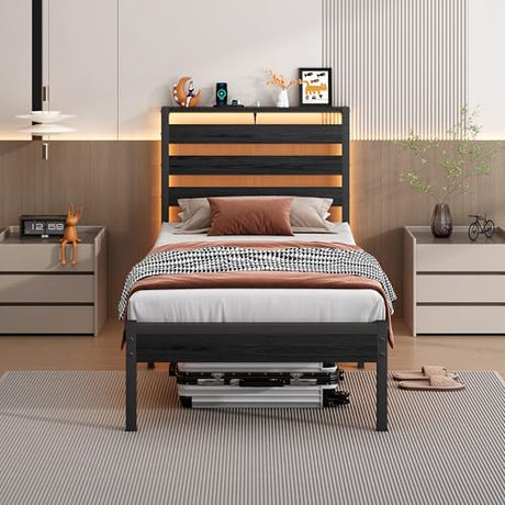 CLIBFENG Bed Frame Twin Size with USB Charging Station, LED Bed Frame with Wood Storage Headboard, Black Metal Platform Bed with Under Bed Storage, No Box Spring Needed, Noise Free CLIBFENG