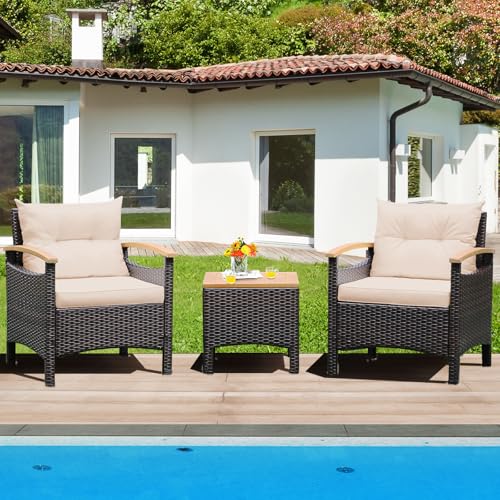 Tangkula 3-Piece Patio Furniture Set, Patiojoy Outdoor Rattan Sofa Set with Coffee Table, Patio Conversation Set with Removable Cushion, Cozy Acacia Wood Armrests for Backyard, Poolside (Beig - WoodArtSupply