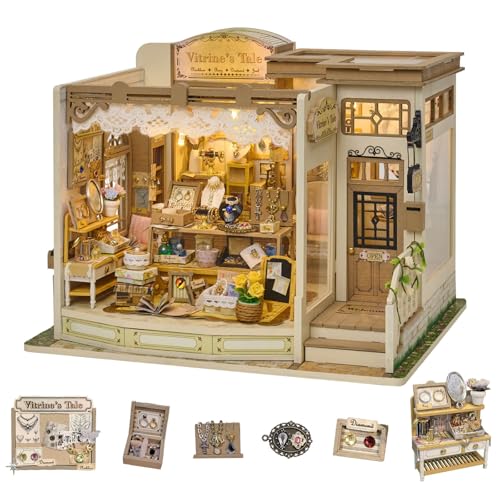 fifijoy DIY Miniature Dollhouse Kit - Jewelry Shop DIY Miniature House Kit for Adults and Teens, 3D Wooden Puzzle Tiny House Model with LED Light, Unique Gift for Family, Friends (Vitrine’s Tale)